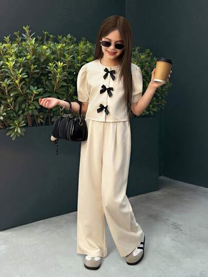 تيشيرتات بناتي طقم ملابس علوية بأكمام فقاعة وسراويل للبنات المراهقات العصريات من نوفا جلو ، ملابس علوية رقبة دائرية وسراويل مريح