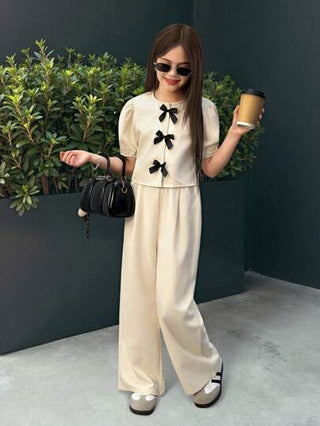 تيشيرتات بناتي طقم ملابس علوية بأكمام فقاعة وسراويل للبنات المراهقات العصريات من نوفا جلو ، ملابس علوية رقبة دائرية وسراويل مريح