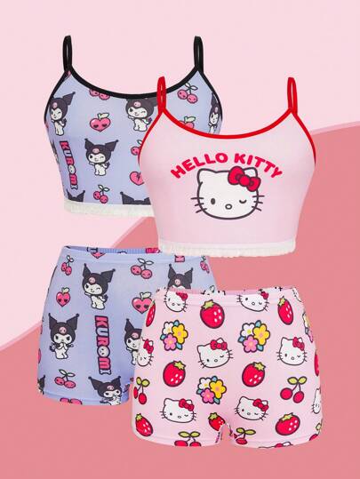 HELLO KITTY AND FRIENDS | SHEIN طقم من الأعلى الحمالة والشورت مطبوع عليه رسومات كرتونية جذابة للفتيات المراهقات، قطعات ملابس داخلية مريحة