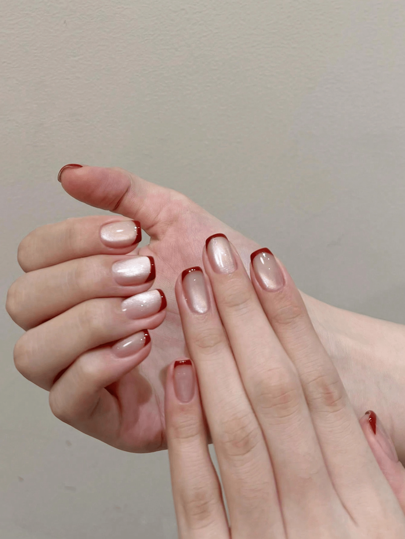 10 قطعة مجموعة أظافر بتصميم سنة جديدة فرنسي أحمر بطول قصير مربع، أظافر جمالية بتصميم بصري ثلاثي الأبعاد للاستخدام البسيط والشامل، أظافر طبيعية كاملة مع تصميم أنيق أحمر فرنسي وأبيض مناسبة للحفلات والتنكرية وعيد الحب والحياة اليومية، قابلة للفك...