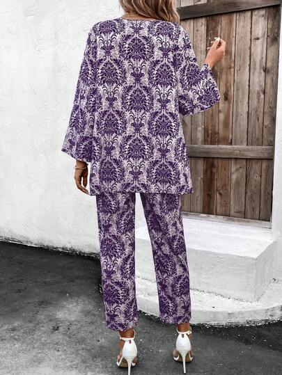 SHEIN Clasi طقم وقميص بكم طويل والبنطلون، طباعة كاملة على المنسوجات، رياضي