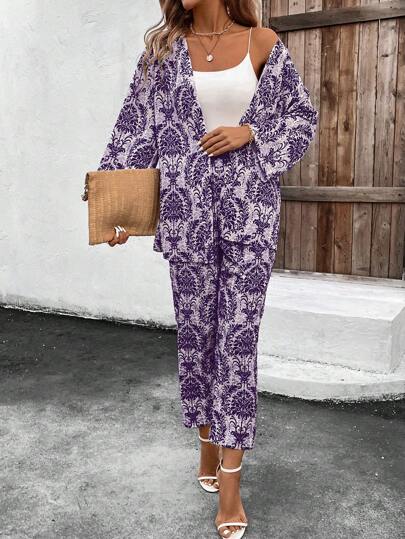 SHEIN Clasi طقم وقميص بكم طويل والبنطلون، طباعة كاملة على المنسوجات، رياضي