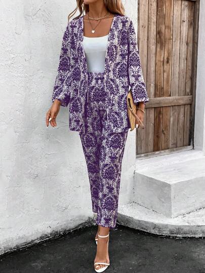 SHEIN Clasi طقم وقميص بكم طويل والبنطلون، طباعة كاملة على المنسوجات، رياضي