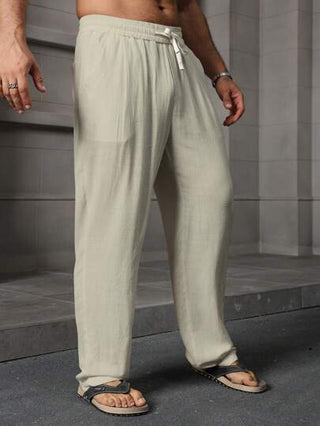 Manfinity CasualCool بنطلون كتان بخصر مرن أبيض للرجال, بناطيل رجالية كاجوال فضفاضة بفت سايز