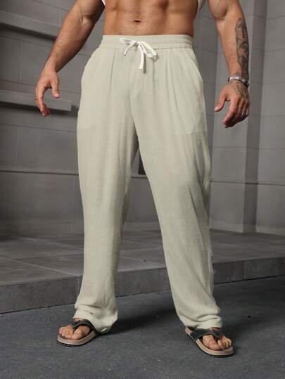 Manfinity CasualCool بنطلون كتان بخصر مرن أبيض للرجال, بناطيل رجالية كاجوال فضفاضة بفت سايز