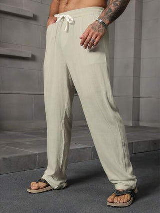 Manfinity CasualCool بنطلون كتان بخصر مرن أبيض للرجال, بناطيل رجالية كاجوال فضفاضة بفت سايز