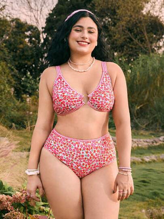 Swim Mod 2 قطعة ملابس سباحة للمرأة المقاسات الكبيرة، قابلة للتعديل بأشرطة، مزودة بوسادات قابلة للإزالة، مزخرفة بحلقات معدنية وطباعة، موضة مثالية للعطلات والشاطئ