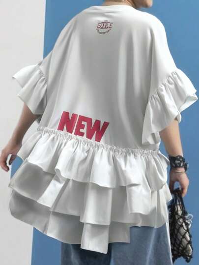 FRIFUL تيشيرت نسائي برقبة طاقم مرتخي مطبوع عليه رسومات حرفية ملونة مختلفة بتصميم مطرق ومتراكب في الخلف