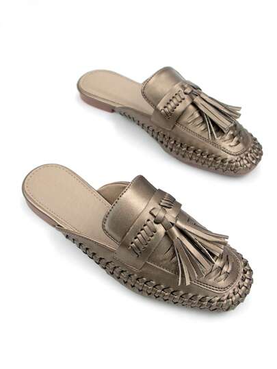 أحذية مريحة كاجوال للنساء ذات بنية معدنية، لون بيجي خاكي، مطوية من الميكروفايبر المُنسوجة يدويًا، ذات تصميم ديكوري على الجزء العلوي، أنف مربع، شكل انزلاق، مناسبة للاستخدام اليومي والعطلات