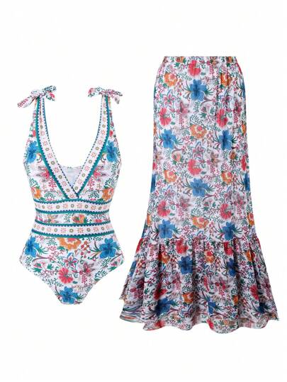 مايوه حريمي قطعة واحدة طقم بدلة سباحة وتنورة مزودة بتصميم مناسب للبحر لفصل الصيف، ثوب غطاء رائج على الشاطئ مستورد من الاتحاد الأوروبي/ الولايات المتحدة، تصميم محافظ يخفي منطقة البطن