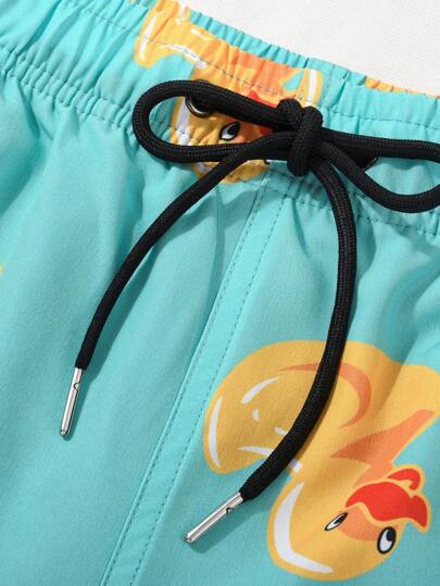 طقم قطعتين للرجال، شورت سباحة علي الطراز الصيفي والمنتجع بطبعة أوردك أصفر ، بحبل شد