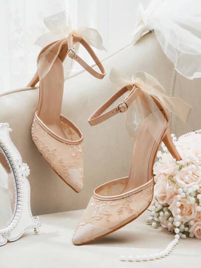 CUCCOO HITCHD أحذية كعب عالي بتصميم نصف شفاف اللون المشمشي للنساء بفيونكة مصنوعة من الدانتيل، أحذية كعب رسمية أنيقة قابلة للتنفس