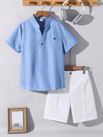 بدلة قصيرة الأكمام بياقة على شكل V وشورت للفتيان المراهقين