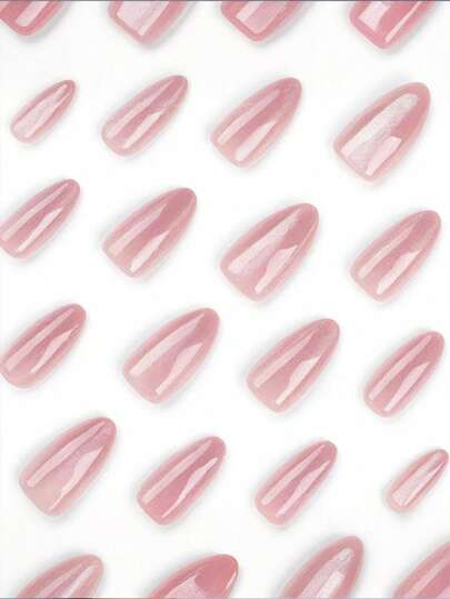 24 قطعة أظافر بشكل عين القطة للضغط عليها، أظافر أكريليك بشكل اللوز المتوسط ذات لمعان وردي، أظافر صناعية كاملة غطاء باللون العاري والمشرق ولاصقة، أظافر زائفة لطيفة براقة مزخرفة للنساء وتزيين الأظافر