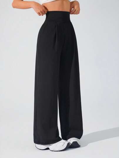 Lifespree بنطلون رياضي نسائي أرجل واسعة بخصر مرتفع وطيات وجيوب باللون الأحادي