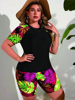 Swim Lushoire بدلة سباحة 2 قطعة نسائية مقاس كبير بطبعات بأكمام قصيرة وتانكيني ، ملابس شاطئ كاجوال أنيقة