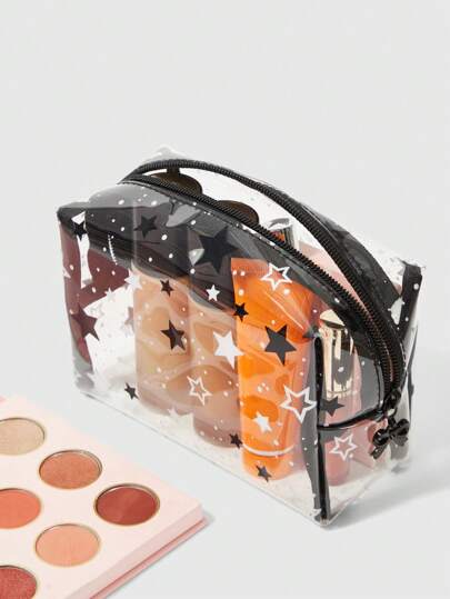 ROMWE Grunge Punk حقيبة تجميل من النساء عصرية ملبسية سوداء وبيضاء بنمط نجمي كبيرة السعة محمولة، مع سحاب شفاف 1439890