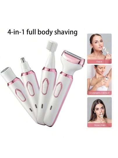 ماكينة حلاقة كهربائية للنساء، طقم جمال شحن قابل للاستخدام 4 في 1، ماكينة حلاقة كهربائية للوجه والأنف والساق والإبط للنساء، ماكينة حلاقة جافة ورطبة بدون ألم للمناطق الحساسة، ماكينة حلاقة محمولة قابلة للشحن