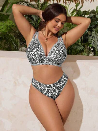 Swim Lushoire مايوه بيكيني بقصة ثلاثية عالية الخصر بحمالات قابلة للتعديل مقاسات كبيرة للنساء قطعتين، موضة للعطلات واليوم اليومي