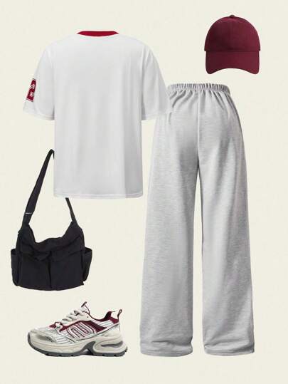 مايوه حريمي قطعة واحدة مجموعة بنطلون رياضي واسع وقميص كاجوال أنيق بأكمام قصيرة وياقة على شكل حرف V مع أنماط رقمية للمراهقات، قطعتان