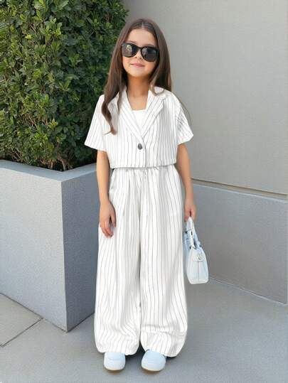 تيشيرتات بناتي مجموعة ملابس كاجوال للفتيات شبه المراهقات بسترة قصيرة الأكمام ذات ياقة صدرية ولباس سروال مستقيم، من قماش متماسك ولامع