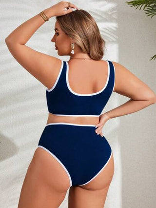 طقم تانكيني حريمي Swim SPRTY ملابس علوية بدلة السباحة بتصميم الخصر الكبير والإطار المتباين وسروال سباحة مثلثي