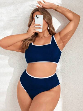 طقم تانكيني حريمي Swim SPRTY ملابس علوية بدلة السباحة بتصميم الخصر الكبير والإطار المتباين وسروال سباحة مثلثي
