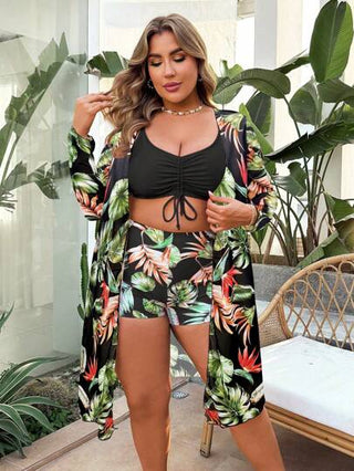 Swim Lushoire مجموعة من 3 قطع: ملابس علوية تانكيني علوية مطبوعة بسحاب، و جاكت كم طويل مطابق, وصندل شاطئ، مجموعة ملابس سباحة كاجوال للإرتياد