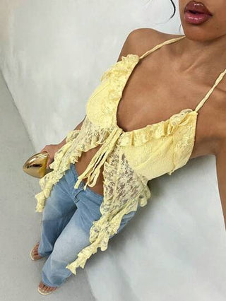 Glamine ملابس علوية نسائية بدونأكمام مطرزة بالزهور والدانتيل مع ربطة أمامية غير متماثلة