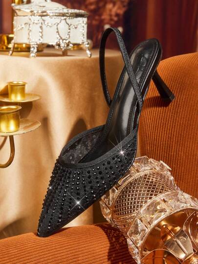 CUCCOO TILAWA أحذية نسائية ذات كعب عالٍ بنقشة جوهرية على حزام الظهر من الشبك الأسود، مناسبة للتنقل والمواعدة والحفلات والحفلات الزفاف وأوقات العطلات