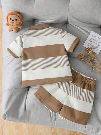 Genkimix Kids مجموعة سروال و بولو قصير الأكمام للأطفال الرضع، مصنوعة من شريط مائل و مطرزة برسمة الدب، مناسبة للاستخدام في فصل الصيف