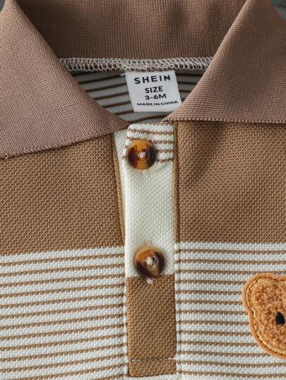 Genkimix Kids مجموعة سروال و بولو قصير الأكمام للأطفال الرضع، مصنوعة من شريط مائل و مطرزة برسمة الدب، مناسبة للاستخدام في فصل الصيف