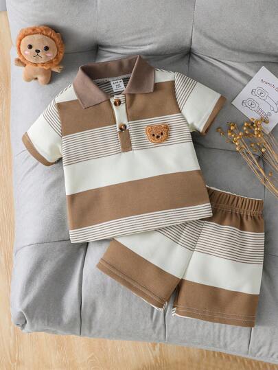 Genkimix Kids مجموعة سروال و بولو قصير الأكمام للأطفال الرضع، مصنوعة من شريط مائل و مطرزة برسمة الدب، مناسبة للاستخدام في فصل الصيف