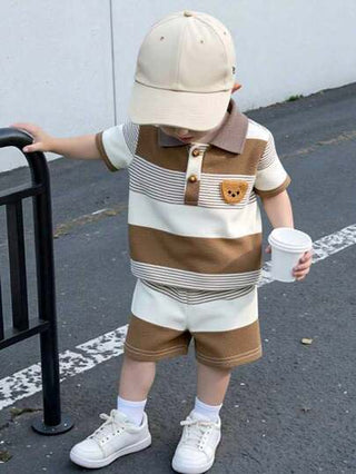 Genkimix Kids مجموعة سروال و بولو قصير الأكمام للأطفال الرضع، مصنوعة من شريط مائل و مطرزة برسمة الدب، مناسبة للاستخدام في فصل الصيف