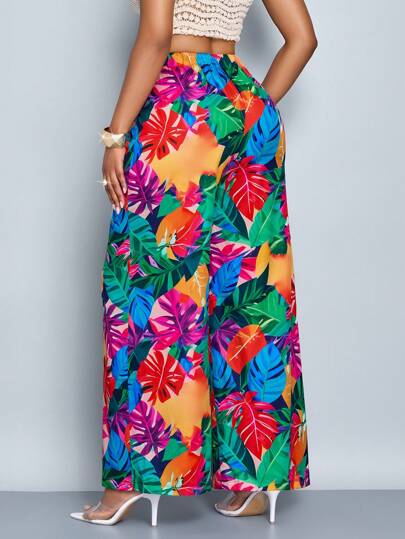 SOLERSUN بنطلون نسائي بتصميم واسع بقماش مفكك وأرجل واسعة بطبعة استوائية مناسب للعطلات