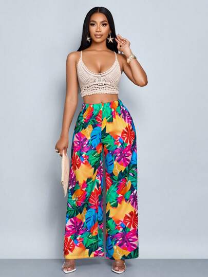 SOLERSUN بنطلون نسائي بتصميم واسع بقماش مفكك وأرجل واسعة بطبعة استوائية مناسب للعطلات