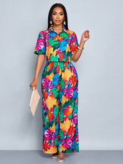 SOLERSUN بنطلون نسائي بتصميم واسع بقماش مفكك وأرجل واسعة بطبعة استوائية مناسب للعطلات