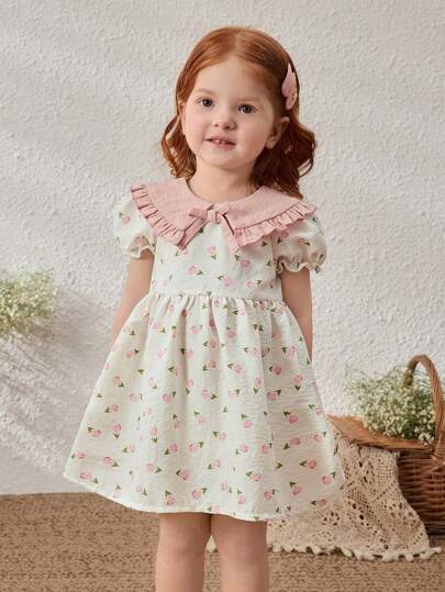 فساتين بيبي Blossori فستان مطبوع بنقوش زهور فضفاض مع ياقة مفرودة للبنات الصغار، ربيع/صيف