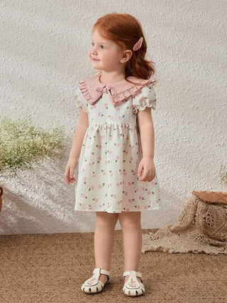 فساتين بيبي Blossori فستان مطبوع بنقوش زهور فضفاض مع ياقة مفرودة للبنات الصغار، ربيع/صيف