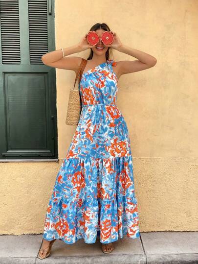 أثاث مكتبي Breezaya فستان ماكسي طباعة زهرية منسابة غير متماثلة الرقبة ، ملابس عطلة على الشاطئ للنساء