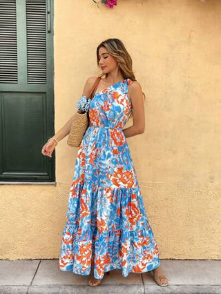 أثاث مكتبي Breezaya فستان ماكسي طباعة زهرية منسابة غير متماثلة الرقبة ، ملابس عطلة على الشاطئ للنساء