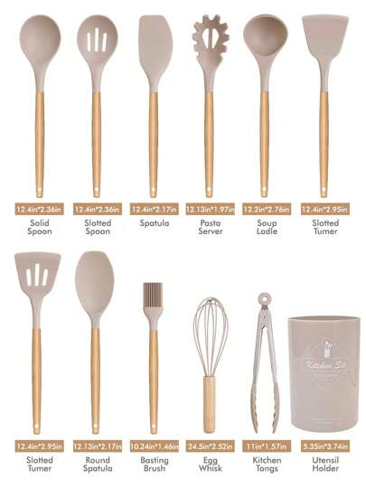 طقم أدوات مطبخ من السيليكون ذو مقابض خشبية، طقم أدوات طهي وخبز، أدوات مطبخ ذات درجة حرارة عالية وسطح غير لاصق، لوازم المطبخ وخبز