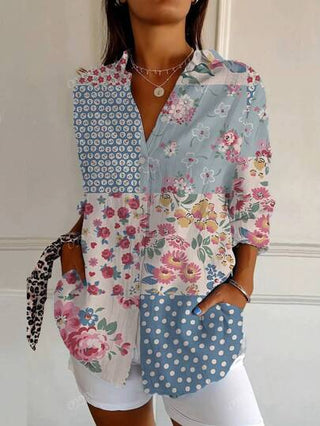بلوزة نسائية طويلة الأكمام موضة طباعة الزهور للربيع والصيف وصول جديد, قميص بيت مريح فضفاض مرن أنيق بطابع الشارع