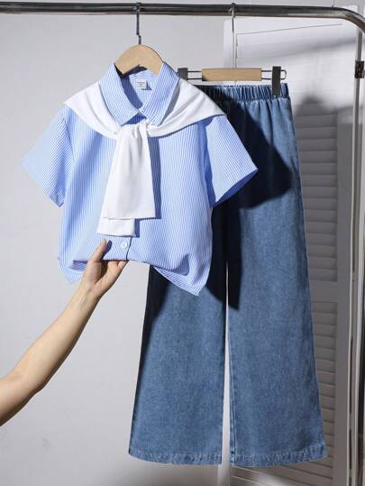 تيشيرتات بناتي مجموعة من 3 قطع للفتيات، قميص بأكمام قصيرة مخطط باللون الأزرق كاجوال للربيع والصيف، رداء أبيض وبنطلون جينز فاتح