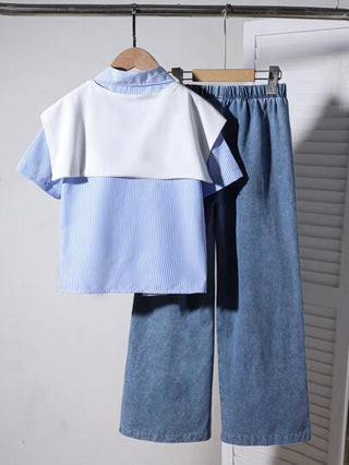 تيشيرتات بناتي مجموعة من 3 قطع للفتيات، قميص بأكمام قصيرة مخطط باللون الأزرق كاجوال للربيع والصيف، رداء أبيض وبنطلون جينز فاتح