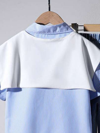 تيشيرتات بناتي مجموعة من 3 قطع للفتيات، قميص بأكمام قصيرة مخطط باللون الأزرق كاجوال للربيع والصيف، رداء أبيض وبنطلون جينز فاتح