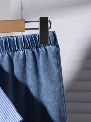 تيشيرتات بناتي مجموعة من 3 قطع للفتيات، قميص بأكمام قصيرة مخطط باللون الأزرق كاجوال للربيع والصيف، رداء أبيض وبنطلون جينز فاتح