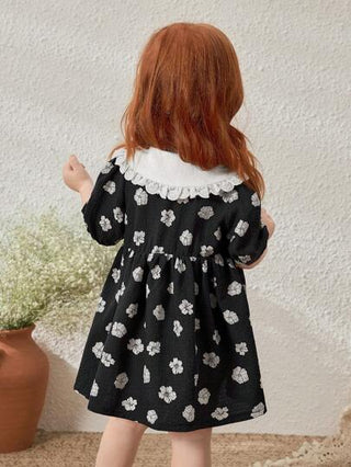 Blossori فستان منسوج مع ياقة مكرمشة بطبعة زهور صغيرة سوداء للبنات الصغار، موسم الربيع/الصيف