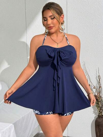 Swim Lushoire مجموعة بقياسات كبيرة للنساء: 2 قطعة، ملابس علوية جزئي فضفاض بطبعة أوراق ، وشورت، مجموعة ملابس السباحة الأنثوية لشاطئ/البركة