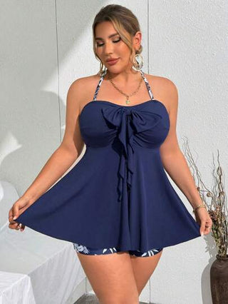 Swim Lushoire مجموعة بقياسات كبيرة للنساء: 2 قطعة، ملابس علوية جزئي فضفاض بطبعة أوراق ، وشورت، مجموعة ملابس السباحة الأنثوية لشاطئ/البركة